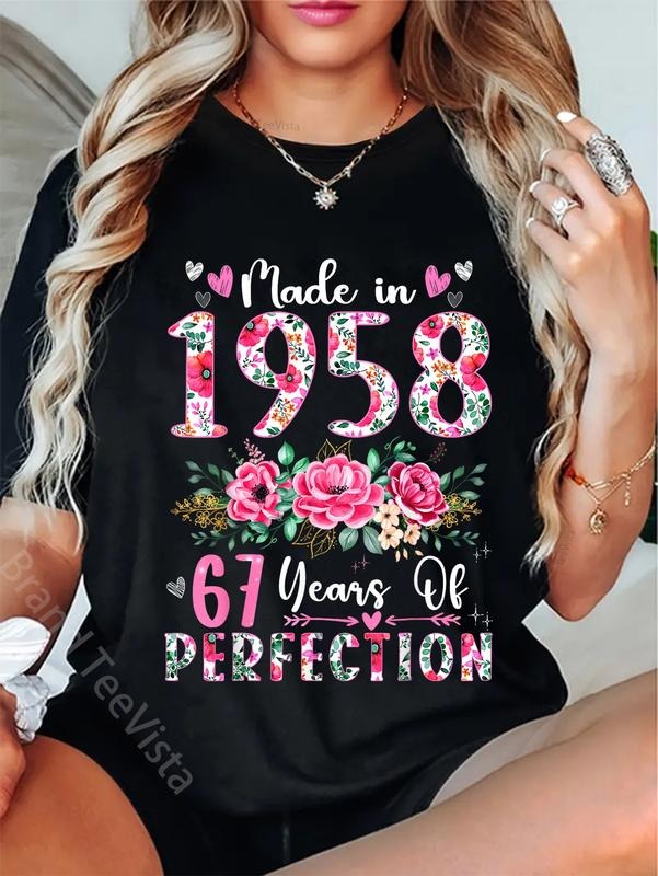 100% cotton 67 Year Old Made In 1958 Floral 67th Birthday Women T-Shirt women graphic shirts