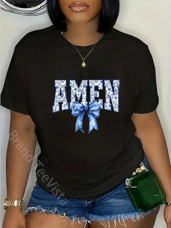 100% cotton Amen Floral Toile Blue Coquette Bow Religious Faith Jesus T-Shirt women graphic shirts