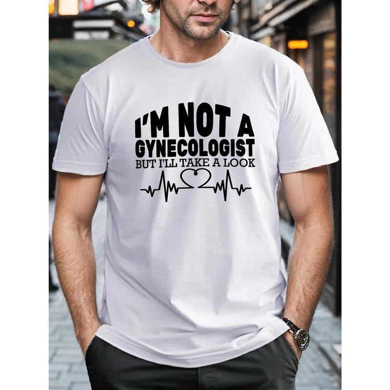 100% cotton T-shirt, Plus Size Men's GYNECOLOGIST Print T-shirt, Casual Short Sleeve Round Neck Top For Summer Outdoor...