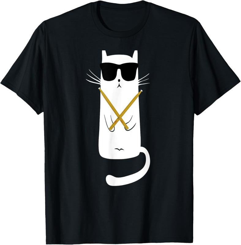 100%cotton Funny cat wearing sunglasses drums playing drums T-Shirt plussize  graphic  tees  Top Hoodie Sweatshirt
