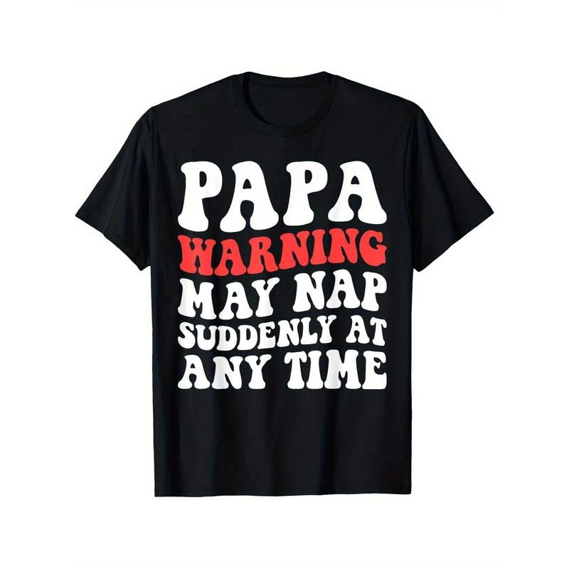 1pc "Papa Warning May Nap Suddenly" Funny Dad T-Shirt, 100% Cotton, Knit Fabric, All-Season, Mature Style, Regular Fit,...