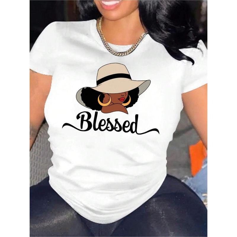 1pc A Women'S round Neck T-shirt Printed with the Word "Blessing"-Casual Short-Sleeved Top, Slightly Elastic, Geometric...