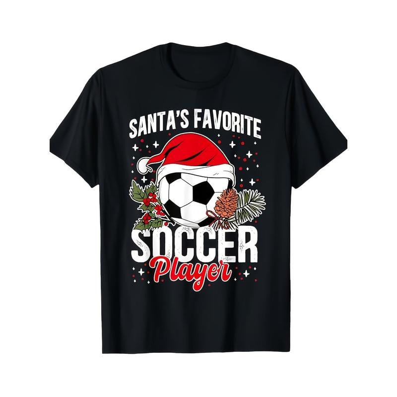 1pc Funny Santa's Favorite Soccer Player Christmas Soccer T-Shirt 200g, T-Shirt, Pure Cotton, Heat Transfer Printed...