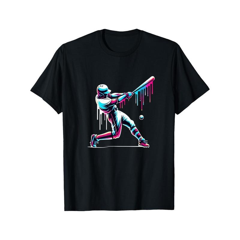 1pc Men'S Baseball Bat Print T-Shirt, Crew Neck, All-Season Sports Graphic Tee with Slight Stretch, Casual Short Sleeve...