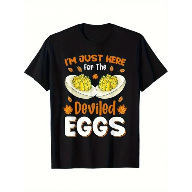 1pc Men'S Casual Cotton T-Shirt with "I'm Just Here for The Deviled Eggs" Print, Crew Neck, Slight Stretch, All-Season...