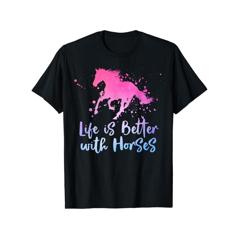 1pc Men'S Casual Cotton T-Shirt with "Life Is Better with Horses" Print, Crew Neck, Short Sleeves, Slight Stretch,...