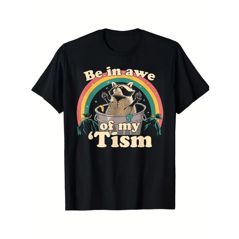 1pc Men'S Casual Cotton T-Shirt with Autistic Raccoon Print, Crew Neck, Knit Fabric, Non-Stretch, All-Season, Regular Fit