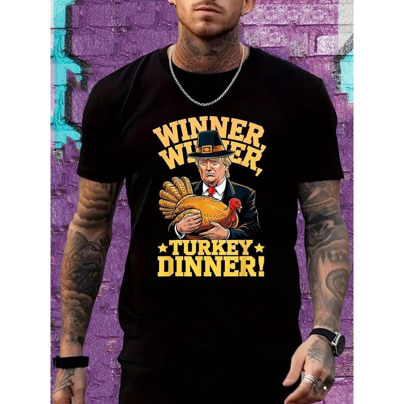 1pc Men'S Casual Crew Neck T-Shirt with Trump Turkey Print, 100% Cotton, Short Sleeve, Regular Fit, All-Season Comfort