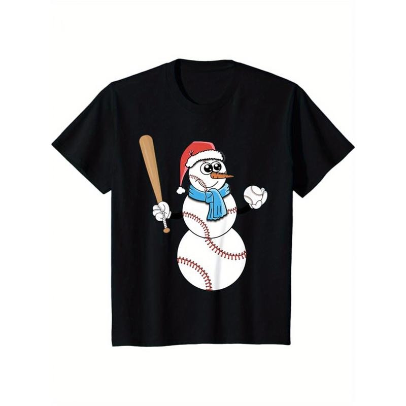1pc Men'S Christmas Snowman Baseball Bat Print T-Shirt - 100% Cotton, Casual Crew Neck, Short Sleeve, Boho Style, Loose...