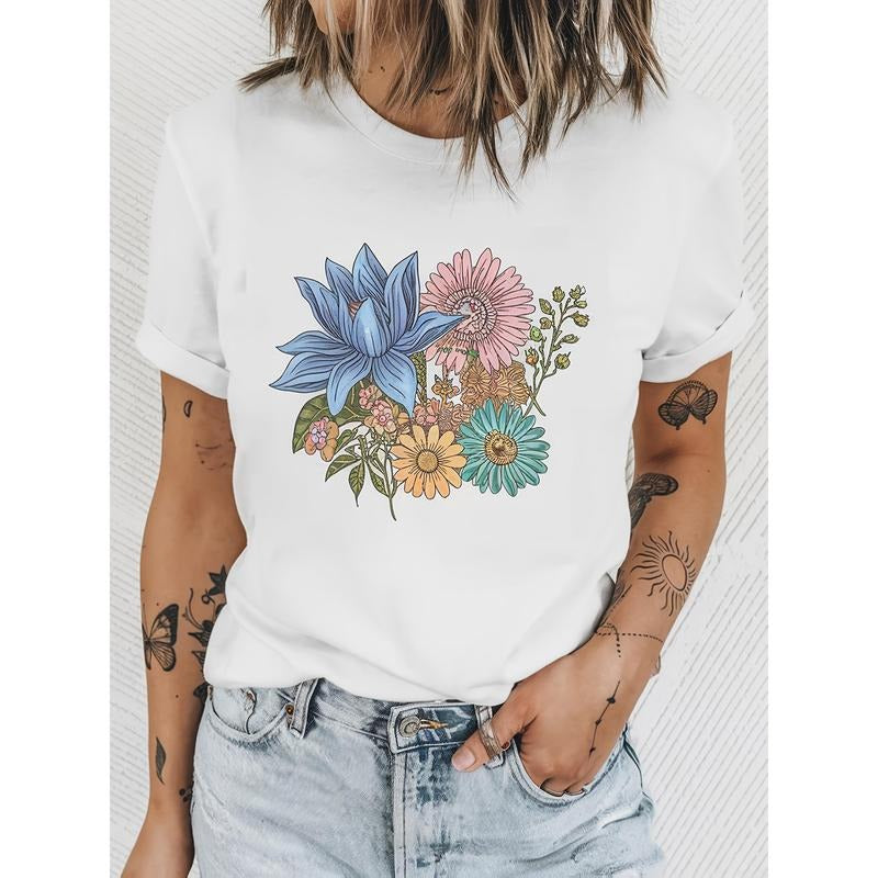 1pc T-shirt suitable for men and women, Women'S Flower Print Short Sleeve T-Shirt- Stylish, Comfortable for Daily Wear,...
