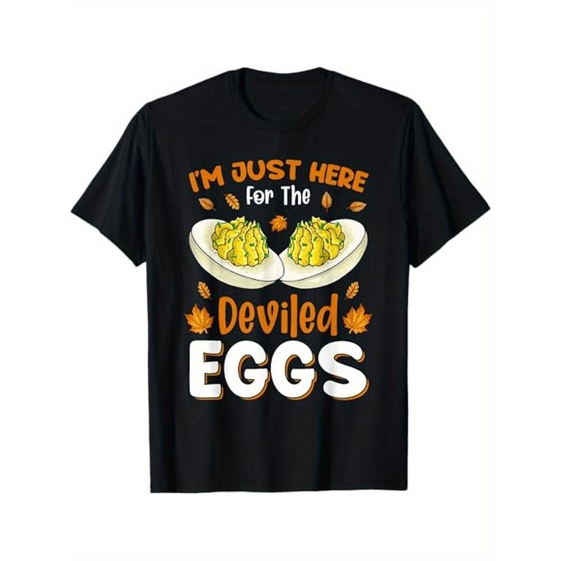 1pc Unisex Cotton T-Shirt with "I'm Just Here for The Deviled Eggs" Print - Crew Neck, Casual Style, All-Season Comfort,...