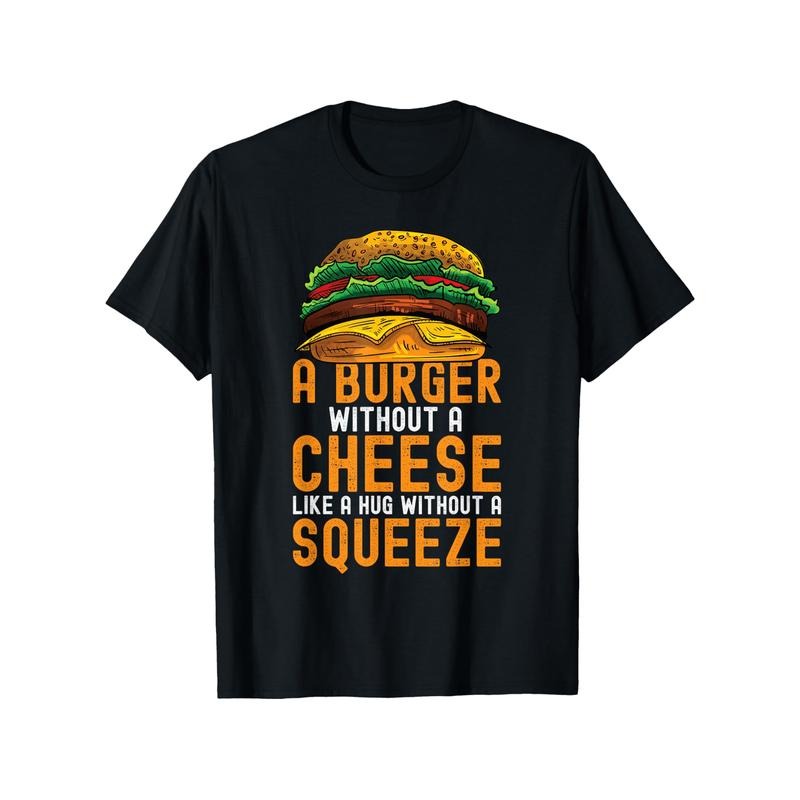 1pc Unisex Cotton T-Shirt with Hamburger & Cheese Print - Casual Crew Neck, Short Sleeve, All-Season Comfort, Black -...