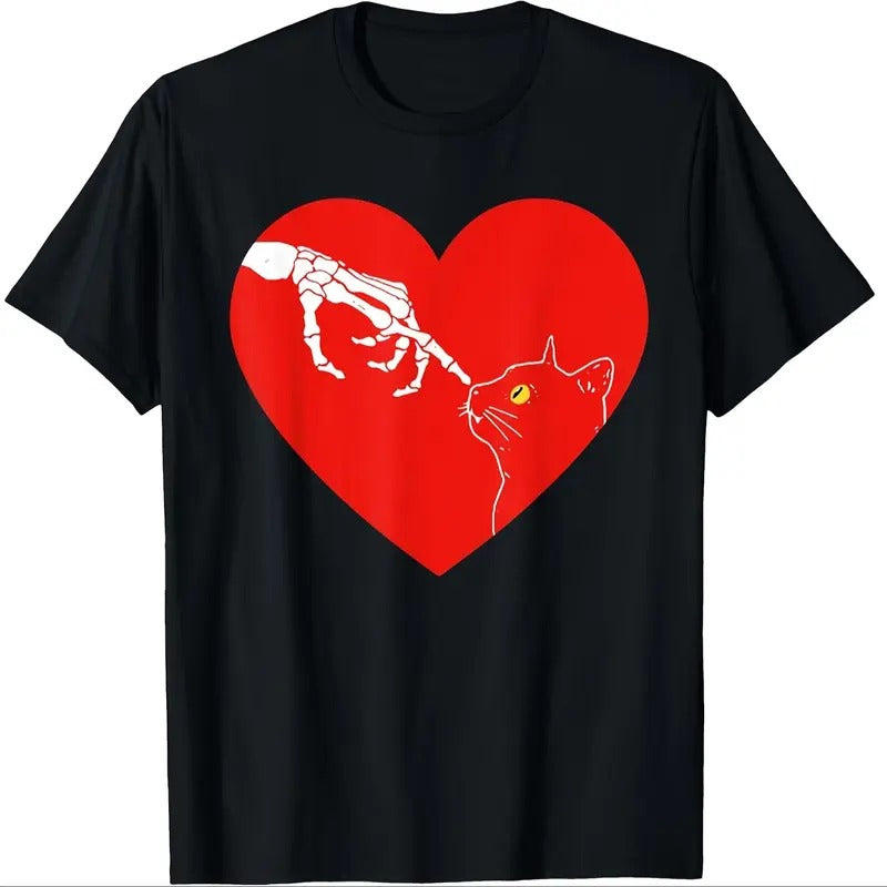 1pc Valentine'S Day Cotton T-Shirt, Cartoon Skeleton and Cat in Heart Design, Regular Fit, Machine Washable, Short...