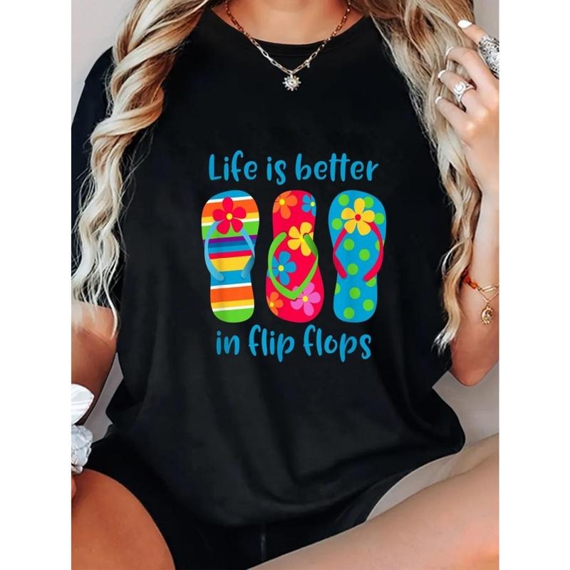 1pc Women'S Casual Round Neck T-Shirt with "Life Is Better in Flip Flops" Lettering, 100% Cotton, Breathable & Absorbent,...
