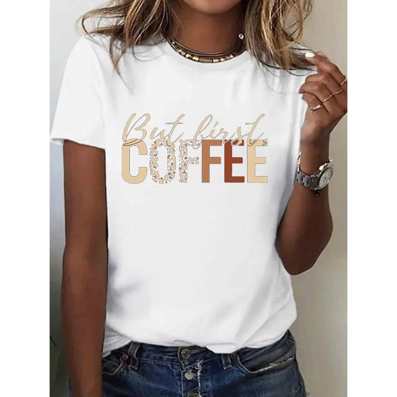 1pc Women's 100% Casual T-Shirt with "But First Coffee" Graphic Print, Round Neck Short Sleeve Tee, Lightweight 180gsm...