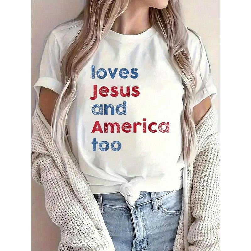 1pc Women's Patriotic "Loves Jesus and America Too" Graphic T-Shirt - Soft Crew Neck Short Sleeve Tee, Stylish...