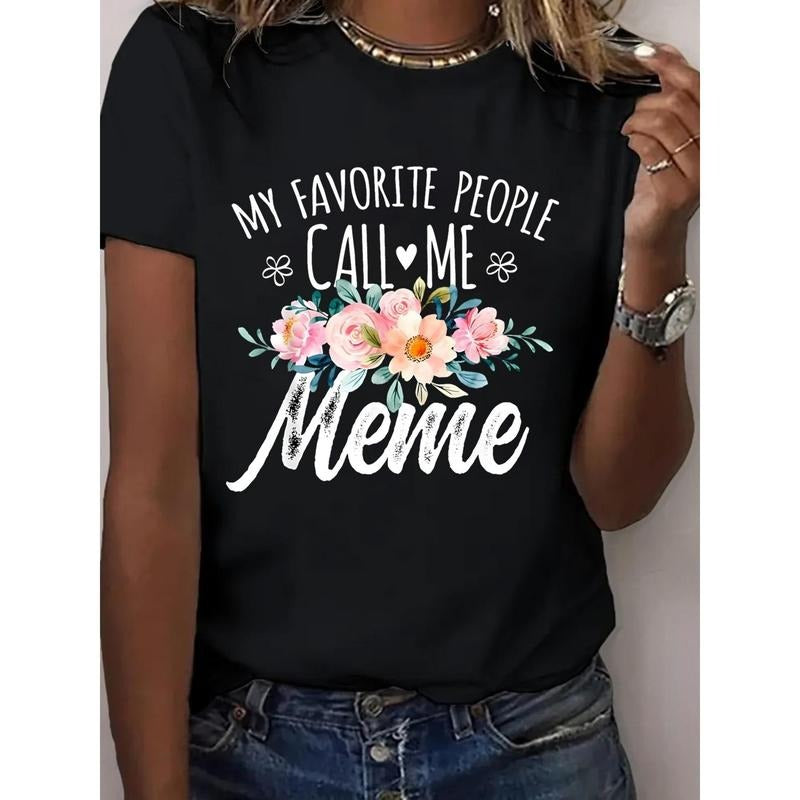 1pc, 100% Pure, Floral Letter Pattern Printed T-Shirt, Seasonal Casual Women'S T-Shirt, Round Neck Pure Short Sleeved...