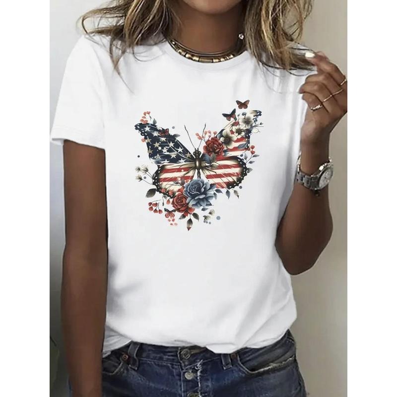 1pc, Women's Patriotic Butterfly Art Print T-Shirt