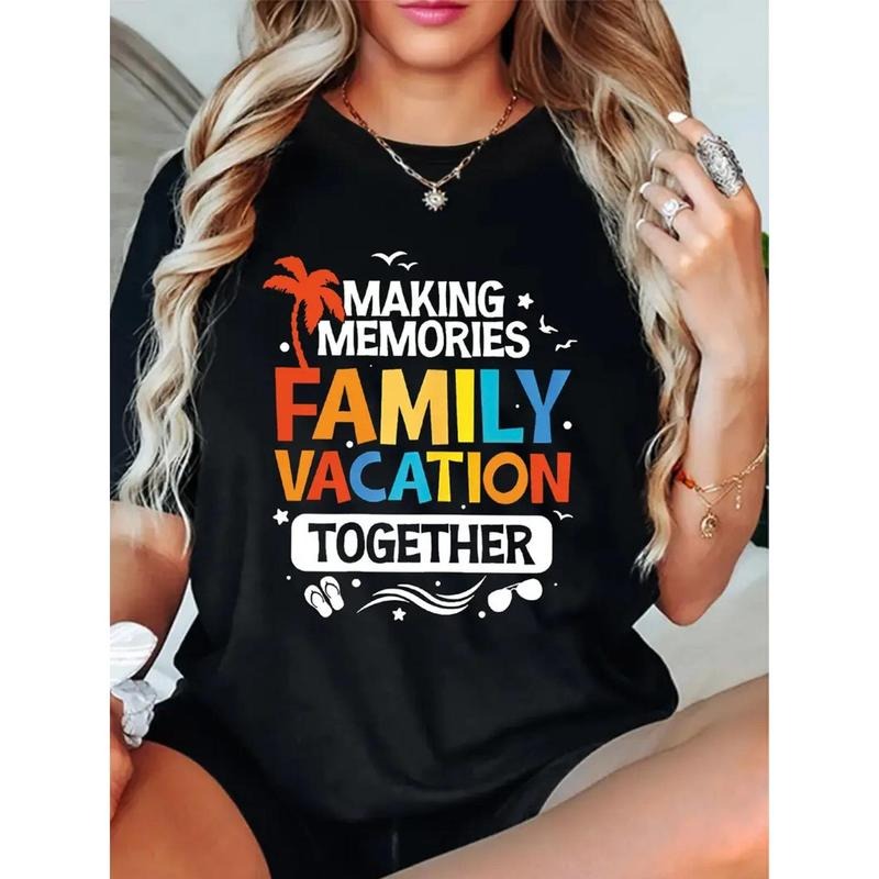 1pc, family vacation envelope printed solid color T-shirt, round neck short sleeved casual top, women's clothing, casual...