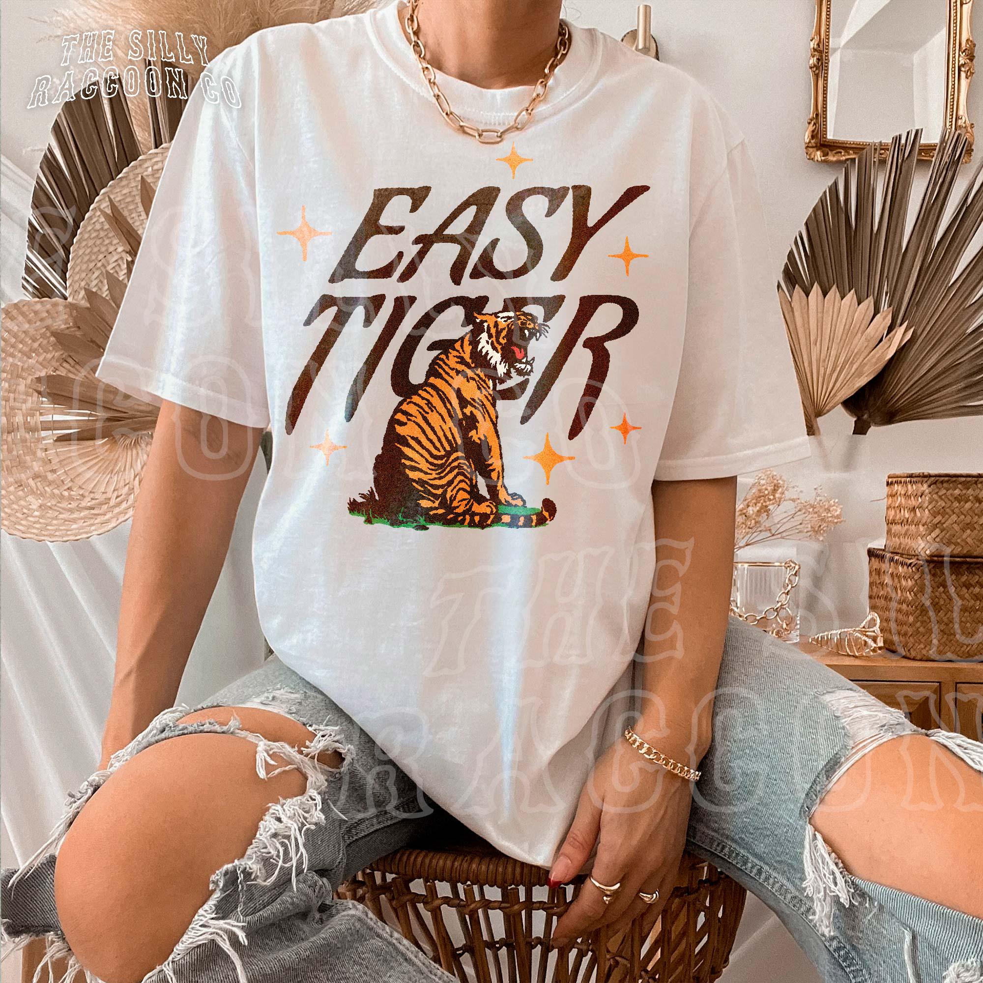 Easy Tiger Vintage Retro Boho Tiger Lover Oversized Comfort Colors Tee (3)
