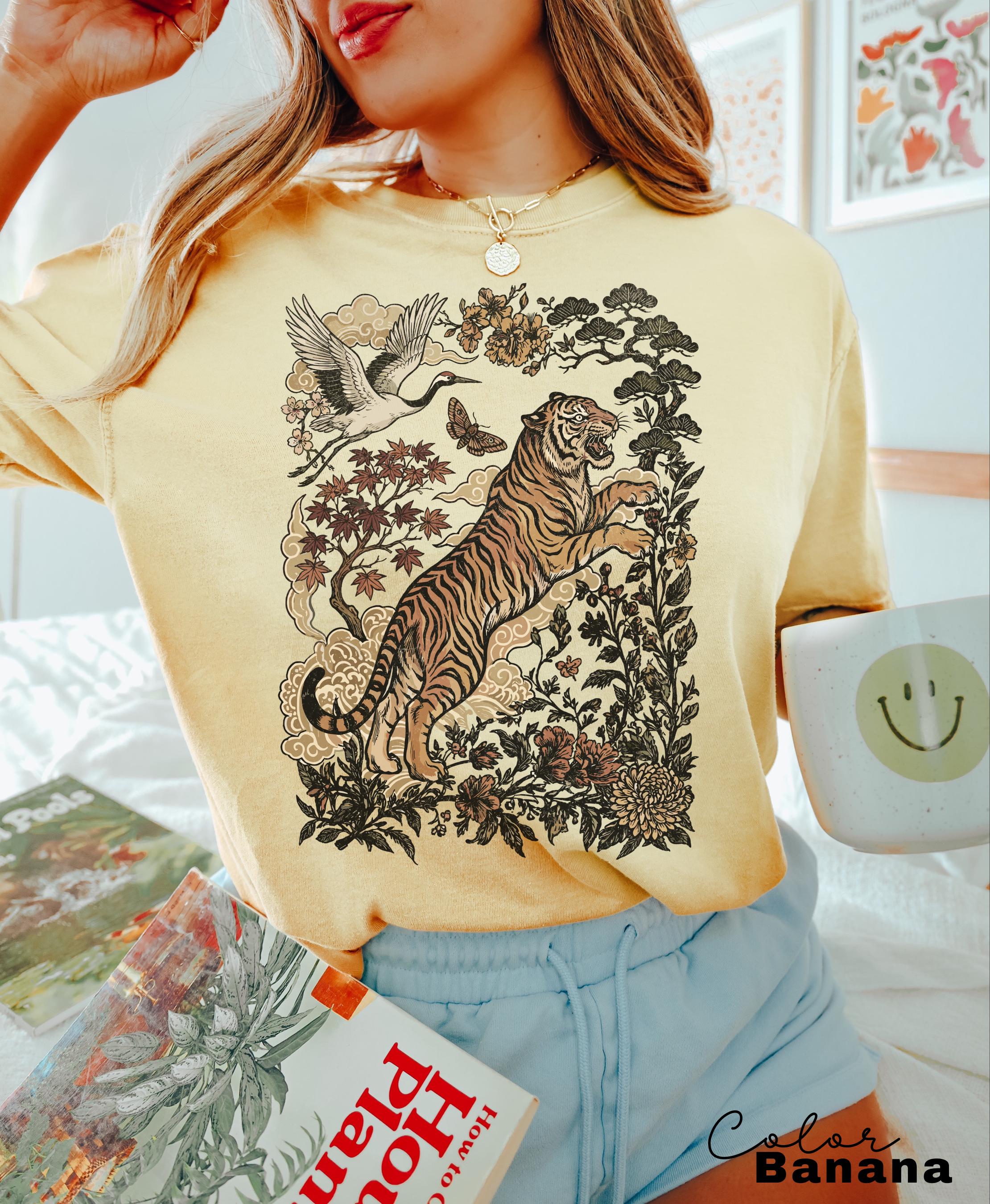 Retro Tiger Animal Tiger Lover Wild Cat Linocut Boho Cottagecore (3)