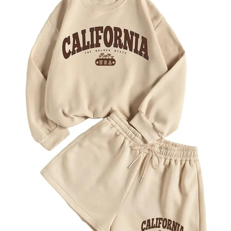 2 Piece Outfits Letter Printed Drop Shoulder Long Sleeve Shorts Sets T-Shirts, Hoodie, Sweatshirt