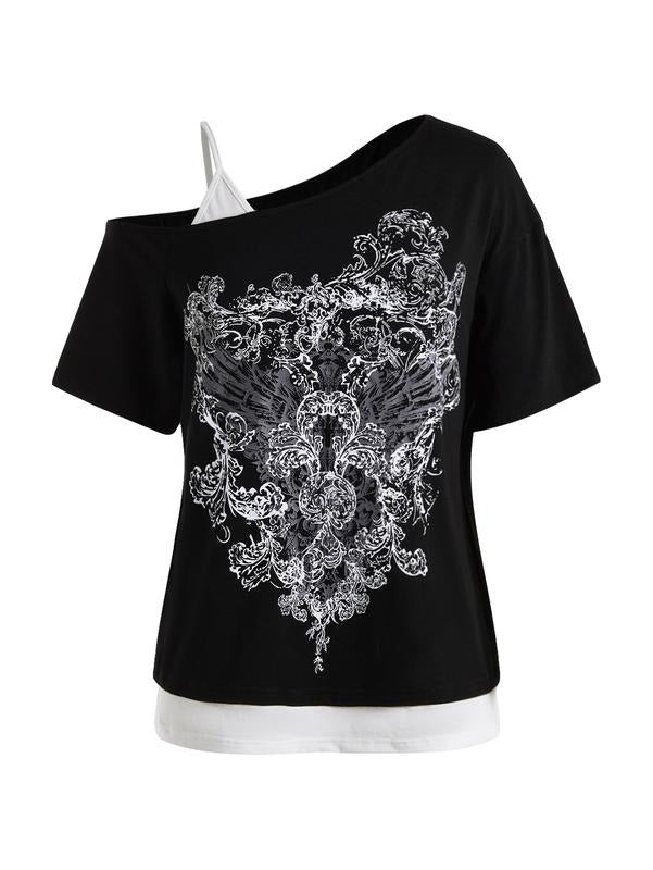 2 1 Cold Shoulder Short Sleeve Goth Y2K Fake Two Piece Tops T-Shirts, Hoodie, Sweatshirt