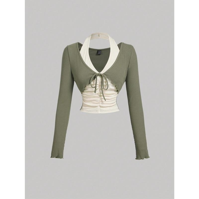 2 in 1 Halter Neck Long Sleeve T Shirts Color Block Ruched Knitted Top Hoodie Sweatshirt | PrintMintTees.com