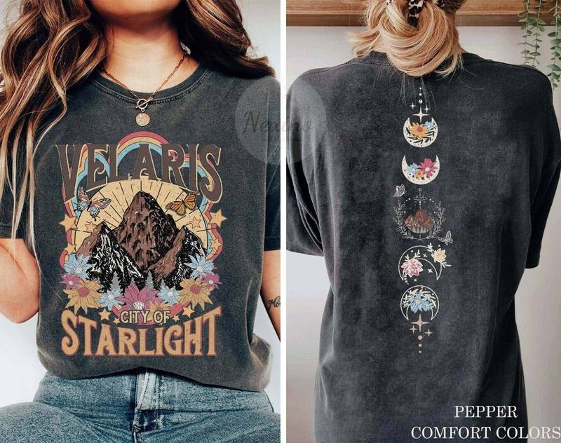 2 slides, Velaris City Of Starlight ACOTAR tshirt, The Night Court Shirt, Court of Dreams, Rhysand, Cassian, Sarah J...