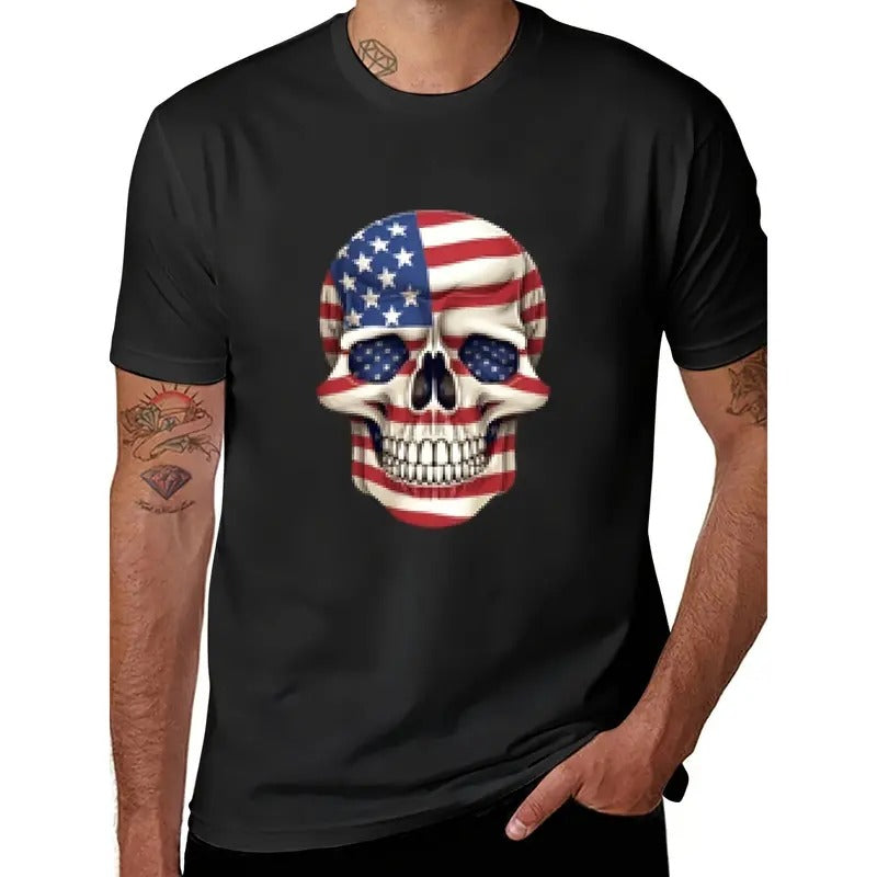 2024 New American Flag Skull short sleeve cotton T-shirt Made in USA Hoodie Sweatshirt | PrintMintTees.com
