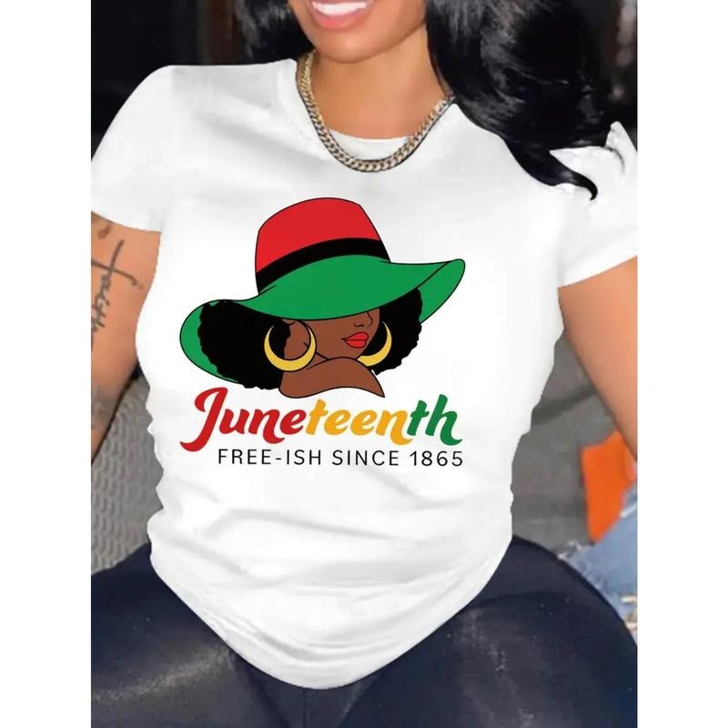 2025 Spring Juneteenth - Themed Portrait - and - Text Printed - Breathable Plus - Size Women'S Round - Neck T