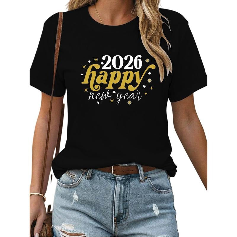 2026 New Year Short Sleeve T-Shirt with Typography and Star Graphic for Party Wear Hoodie Sweatshirt | PrintMintTees.com