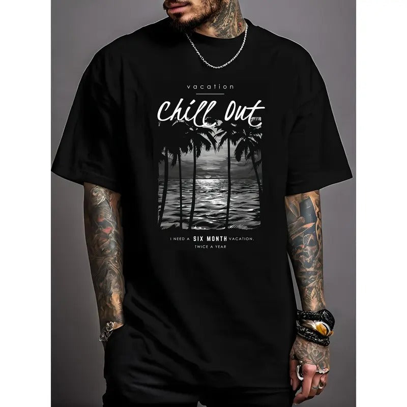 220g High-Quality Cotton Palm Tree Creative Print Short Sleeve T-Shirt - Soft, Breathable, Slightly Stretchy, Casual...