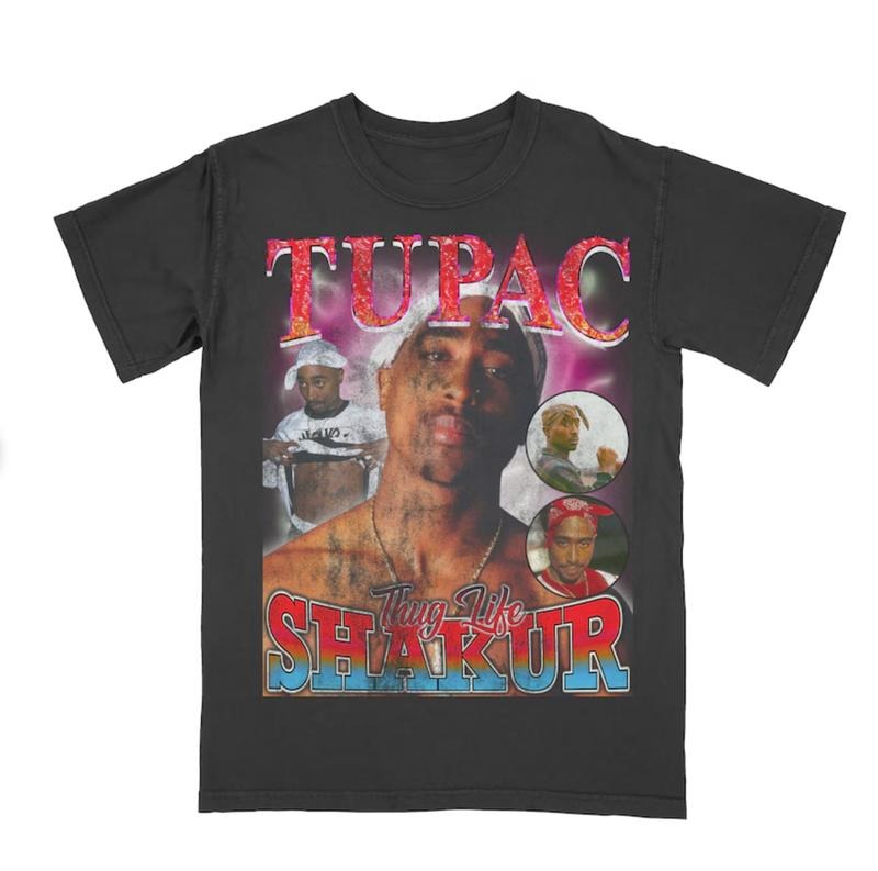 2Pac Vintage Jumbo Print T Shirt Menswear Top Underwear Man Tshirt Streetwear Tropical Shortsleeve Bestie Crewneck Round...