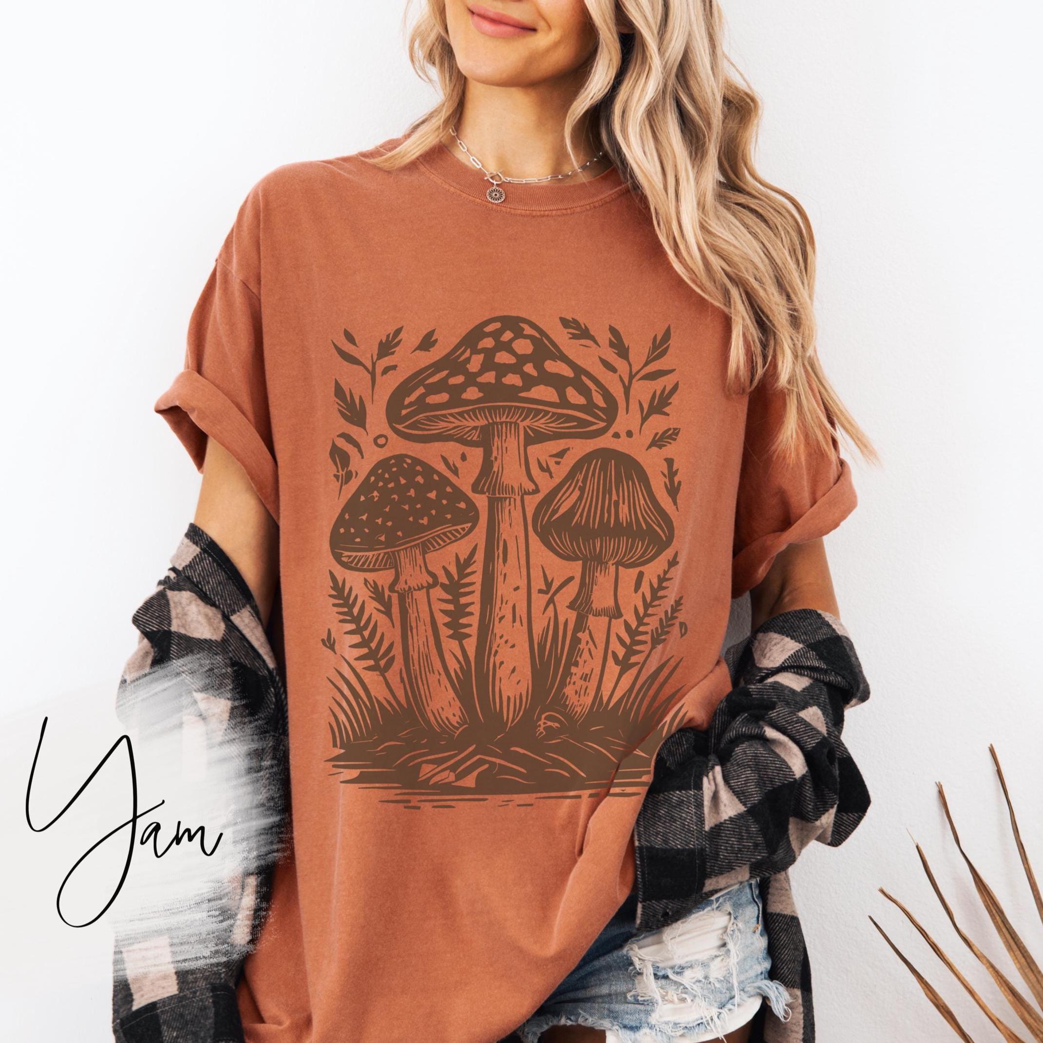 Cottagecore Mushroom Woodcut Comfort Colors Vint Linocut Mushroom Tee Nature Lover Fall Boho Retro (4)