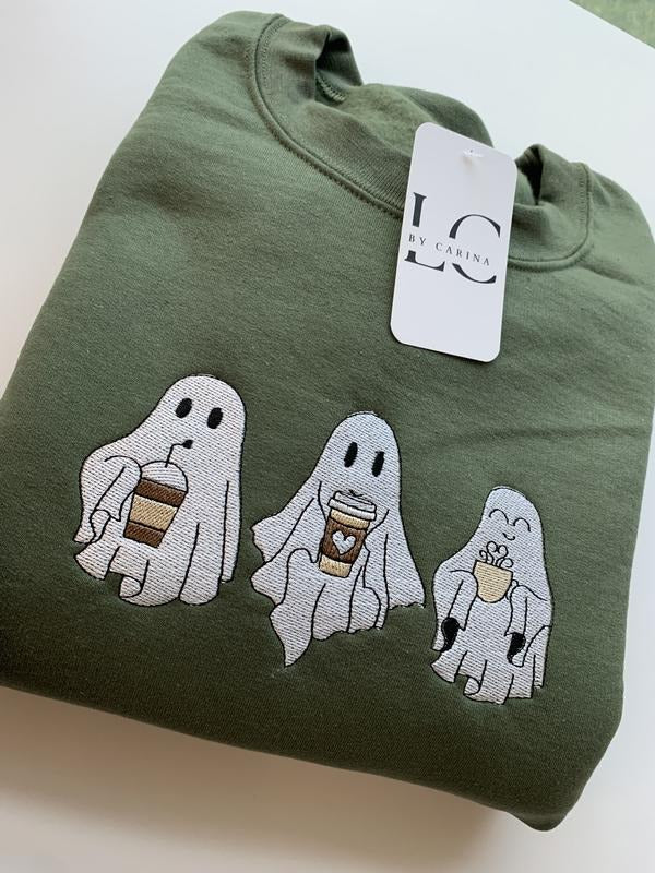 3 Ghosts Drinking Coffee Embroidered Sweatshirt | Spooky Coffee Lover Pullover | Cozy Fall Sweatshirt | Halloween Ghosts...