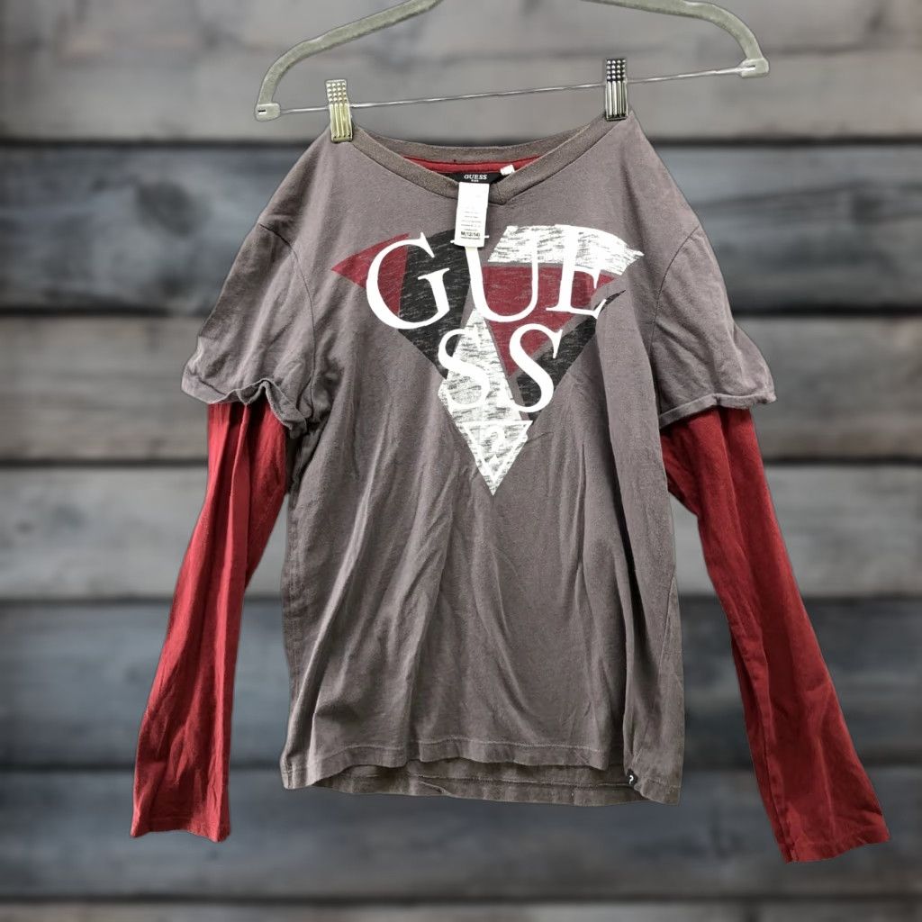 Guess Boys T Shirt Long Sleeve Graphic Layered Cotton Gray 12 14 Retro Casual Hoodie Sweatshirt | PrintMintTees.com