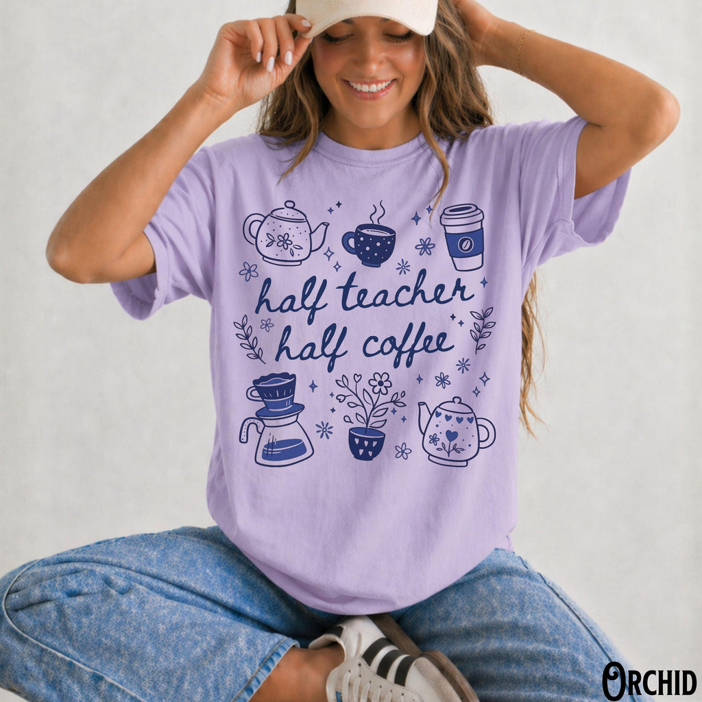 Half Teacher Half Coffee Comfort Colors Back School Coffee Lover Retro Tee Teaching Teacher Appreciation (5)