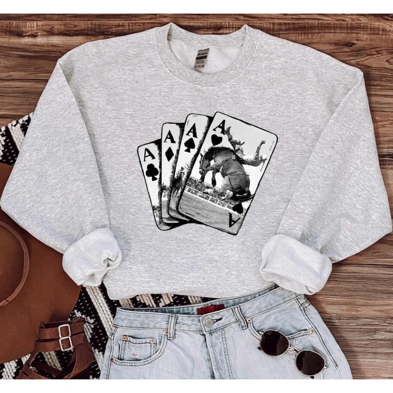 4 Aces Cowboys cards Sweatshirt, Crewneck Graphic SweatShirt, cowgirl outfits, western outfit women, western tops,...