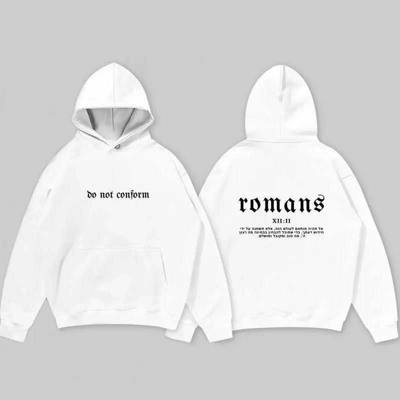 Romans 12:2 Hebrew Christian Hoodie - White Cotton T-Shirt & Hoodie - Suitable for Men - Ideal for Christian Streetwear
