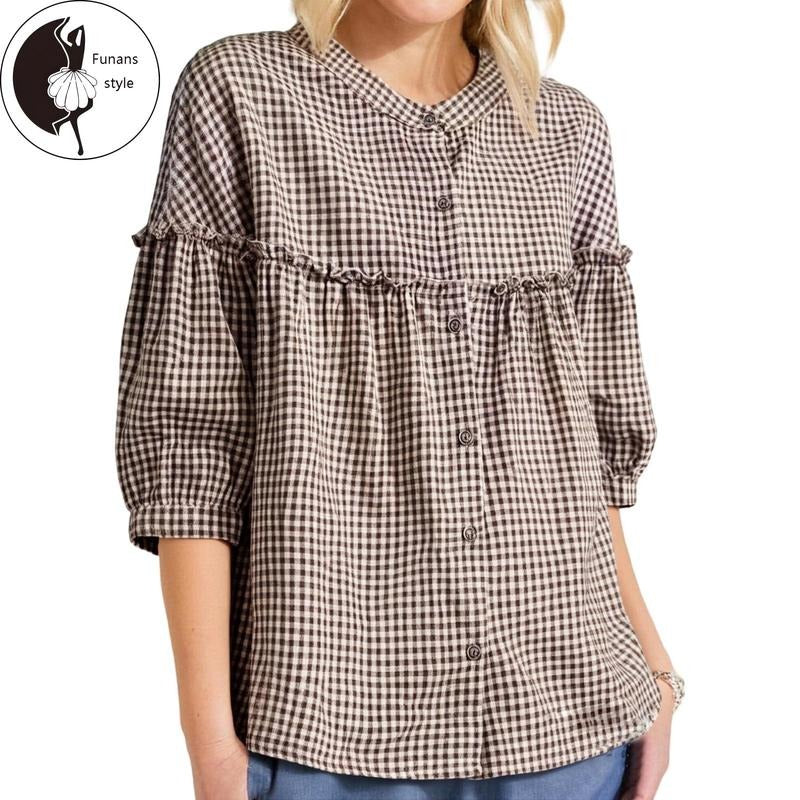 Women's Plaid Button Down Shirt Casual Loose Fit 3/4 Long Sleeve Round Neck Tops Comfortable Casual Wear Hoodie Sweatshirt