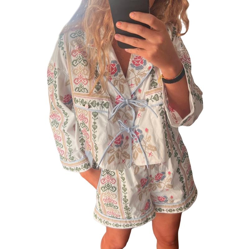 Women Y2k Casual Lounge Set 2 Piece Pajamas Set 3/4 Sleeve Floral Embroidery Tie Front Shirt High Waist Baggy Short 2 Pcs...