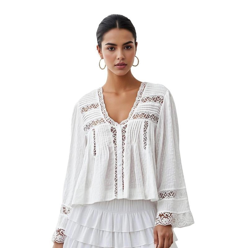 Women's Button Down Tops Casual 3/4 Sleeve V Neck Lace Patchwork Loose T-Shirts Blouses Hoodie Sweatshirt | PrintMintTees.com