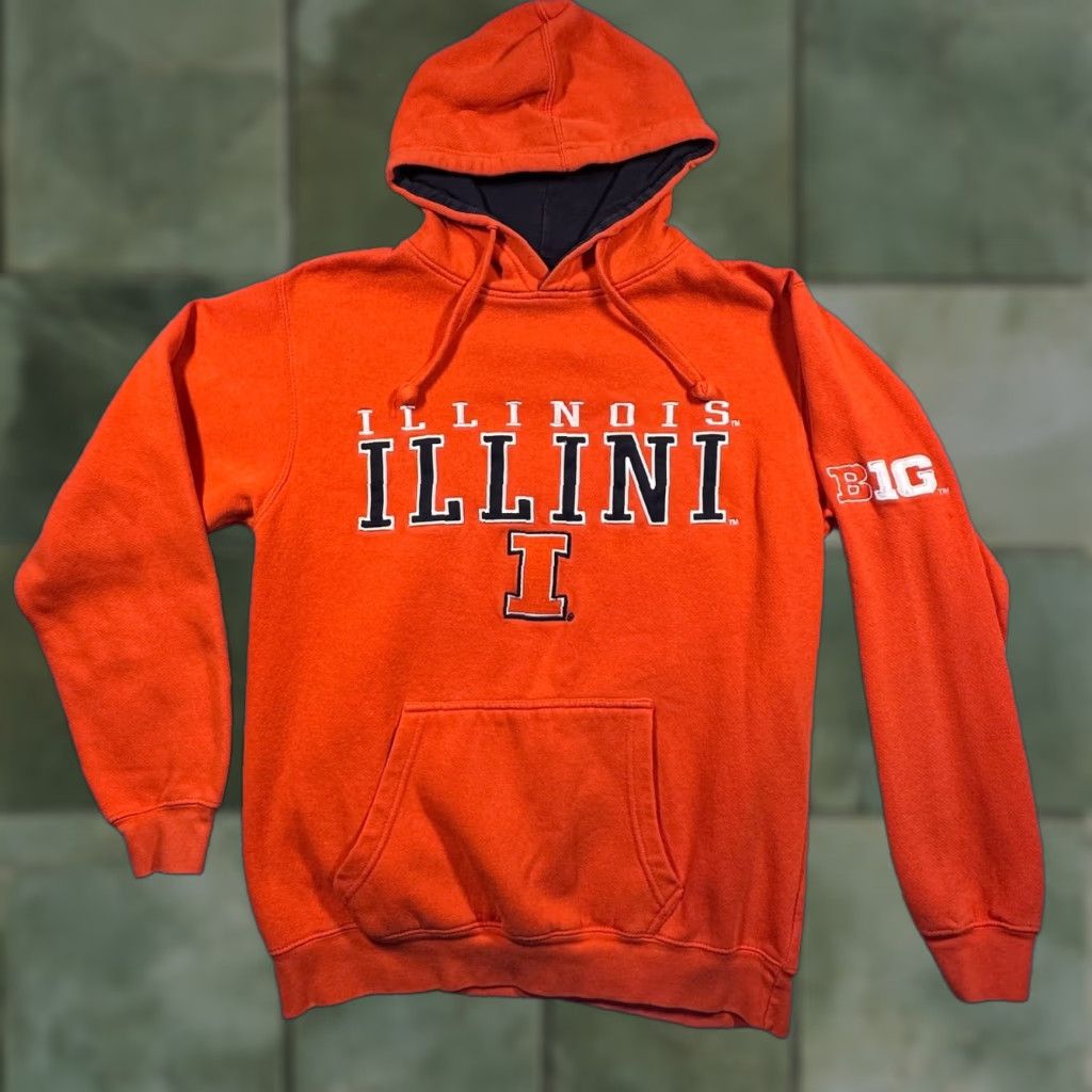 Vintage Illinois Illini Big 10 Hoodie Orange Adult S Blue 84 Pullover Hooded Pockets Graphic Shirt Sweatshirt