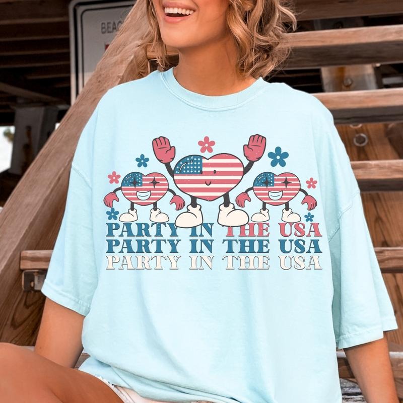 4TH OF JULY SHIRT, PARTY IN THE USA HEARTS SHIRT, USA SHIRT, JULY 4TH SHIRT UNISEX COTTON SHIRT, OVERSIZED HOLIDAY SUMMER...