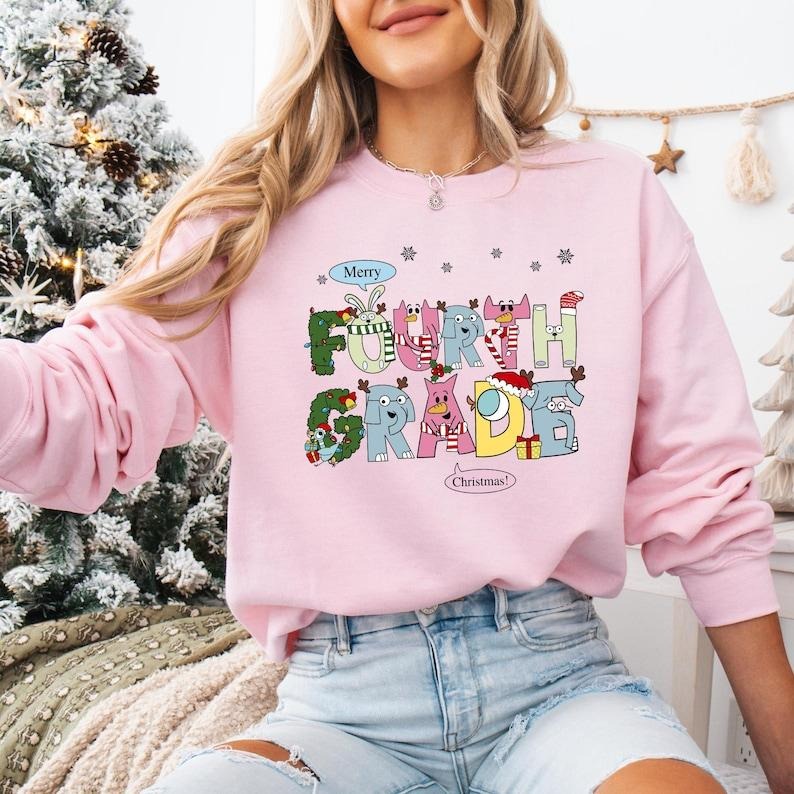 4th Grade Teacher Christmas Sweatshirt, Elephant And Piggie Christmas T-shirt, Santa's Favorite Teacher Shirt, Fourth...