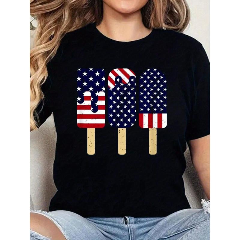 4th Of July Popsicle Patriotic American Flag Memorial Day Print T-Shirt Casual Crew Neck Short Sleeve Comfort Tee Top For...