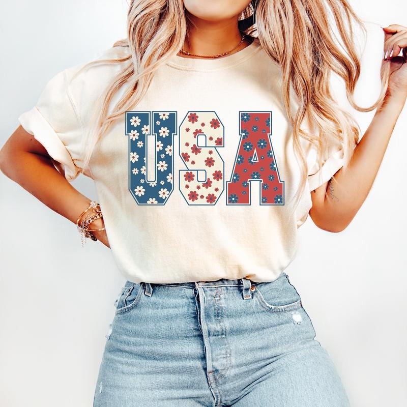 4th Of July Shirt, Usa Floral Flowers Shirt, Independence Day Women Tshirt, 4th Fourth Of July, Power Freedom, Retro...