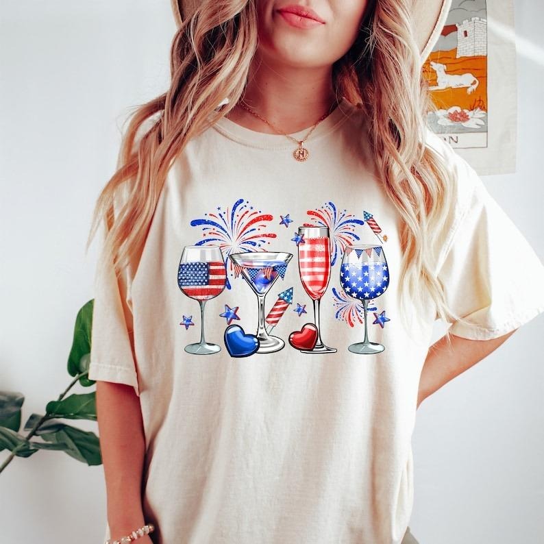 4th Of July Tshirt, Red Wine Blue, Patriotic Shirt, Independence Day T-Shirt, Gift For Women, American Flag TShirt, Red...