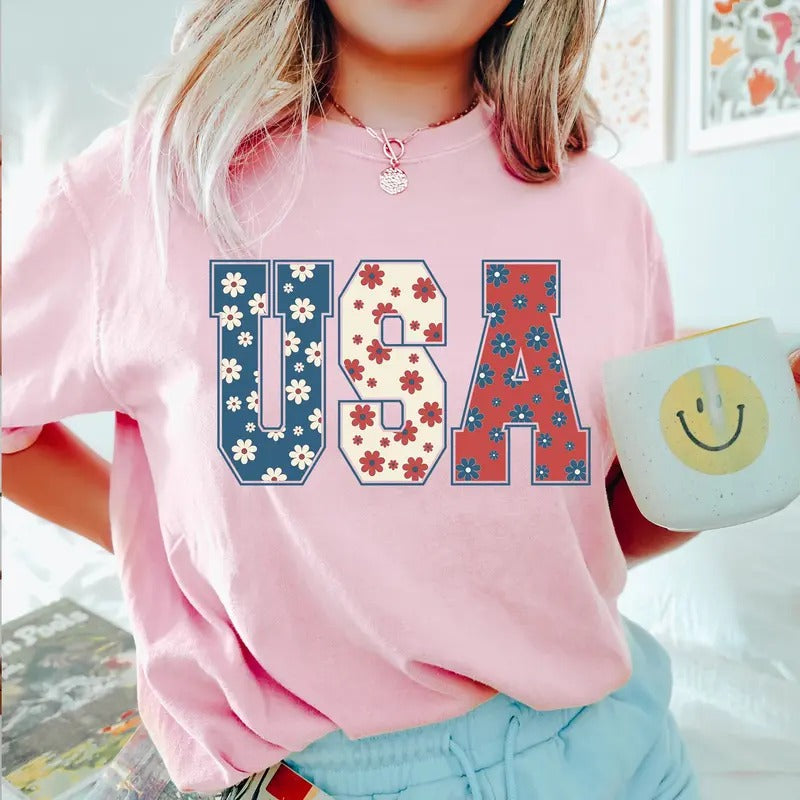 4th Of Julyshirt Usa Floral Flowers Shirt Independence Day Women Tee, Womens Mens Shirt, 4th Fourth Of July, Power...